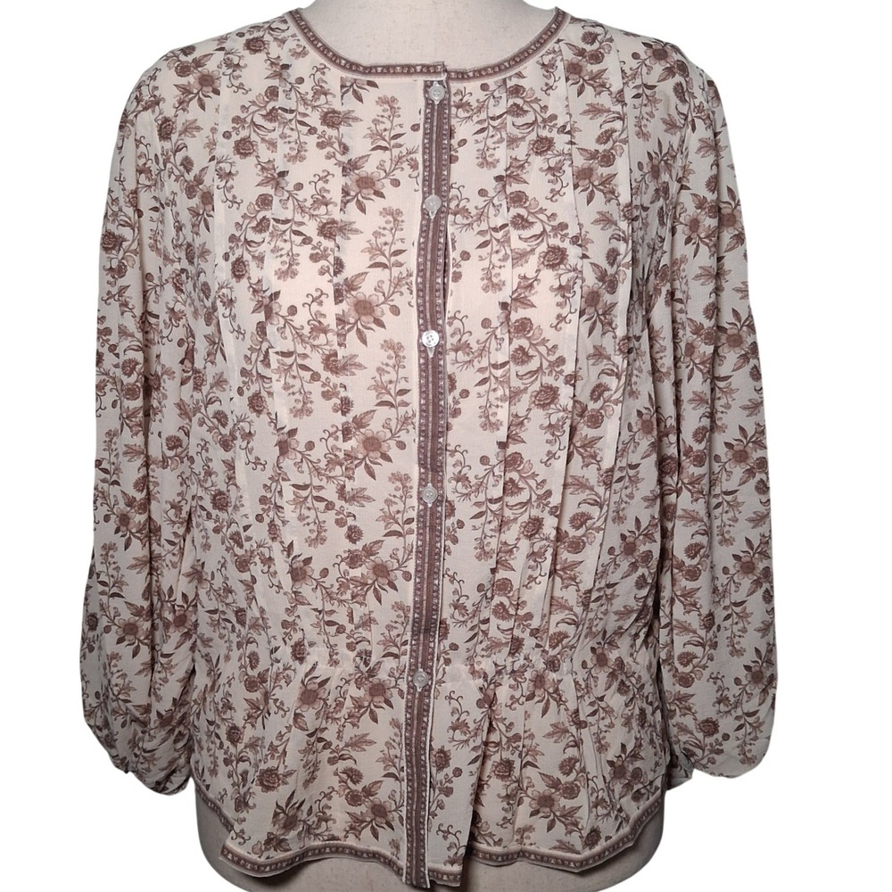 NWT Max Studio London Floral Peplum Blouse XL Off-White Brown Fall Western Boho